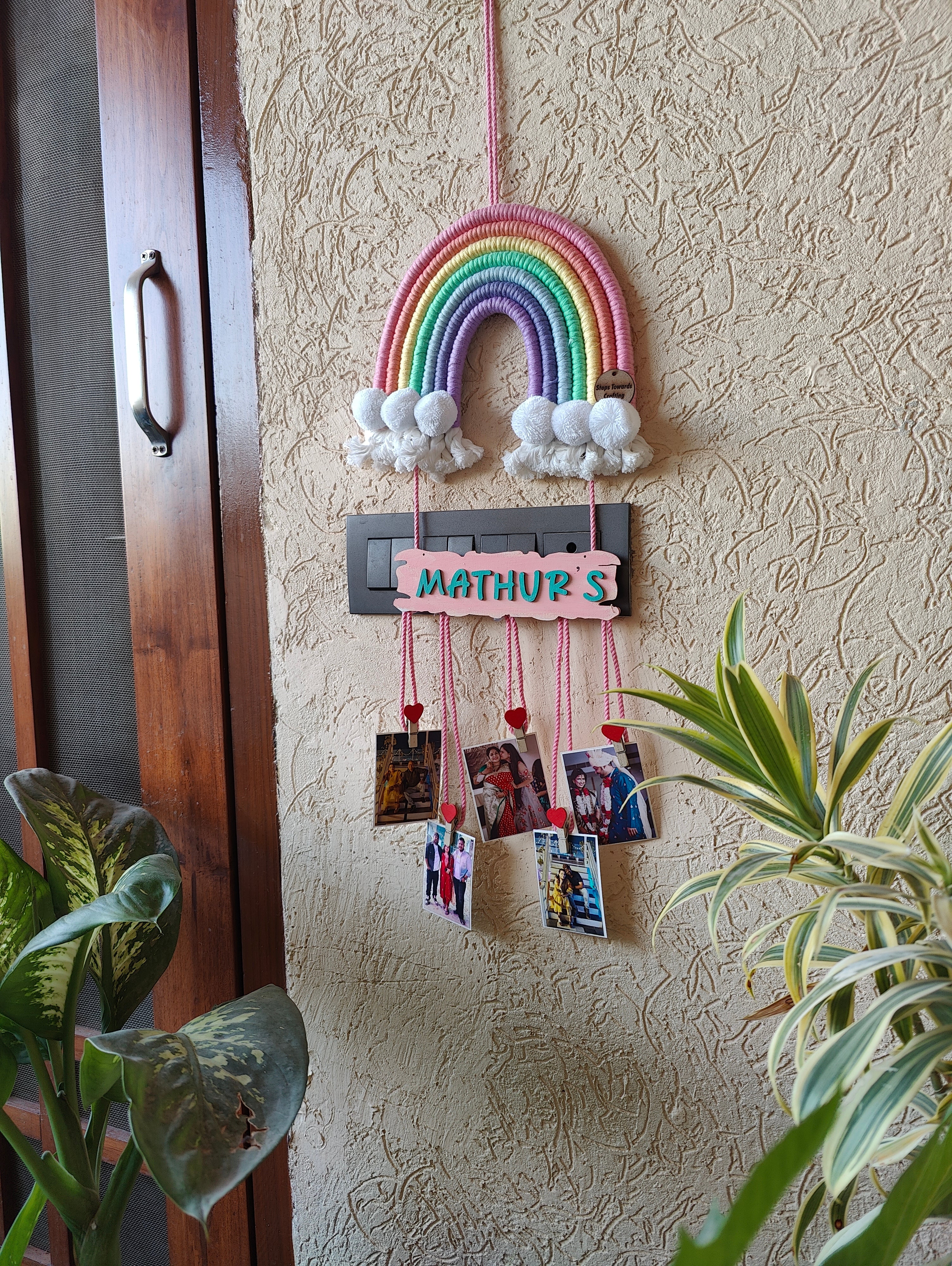 Macrame Nameboard - 7 Layer Rainbow with photo hangings