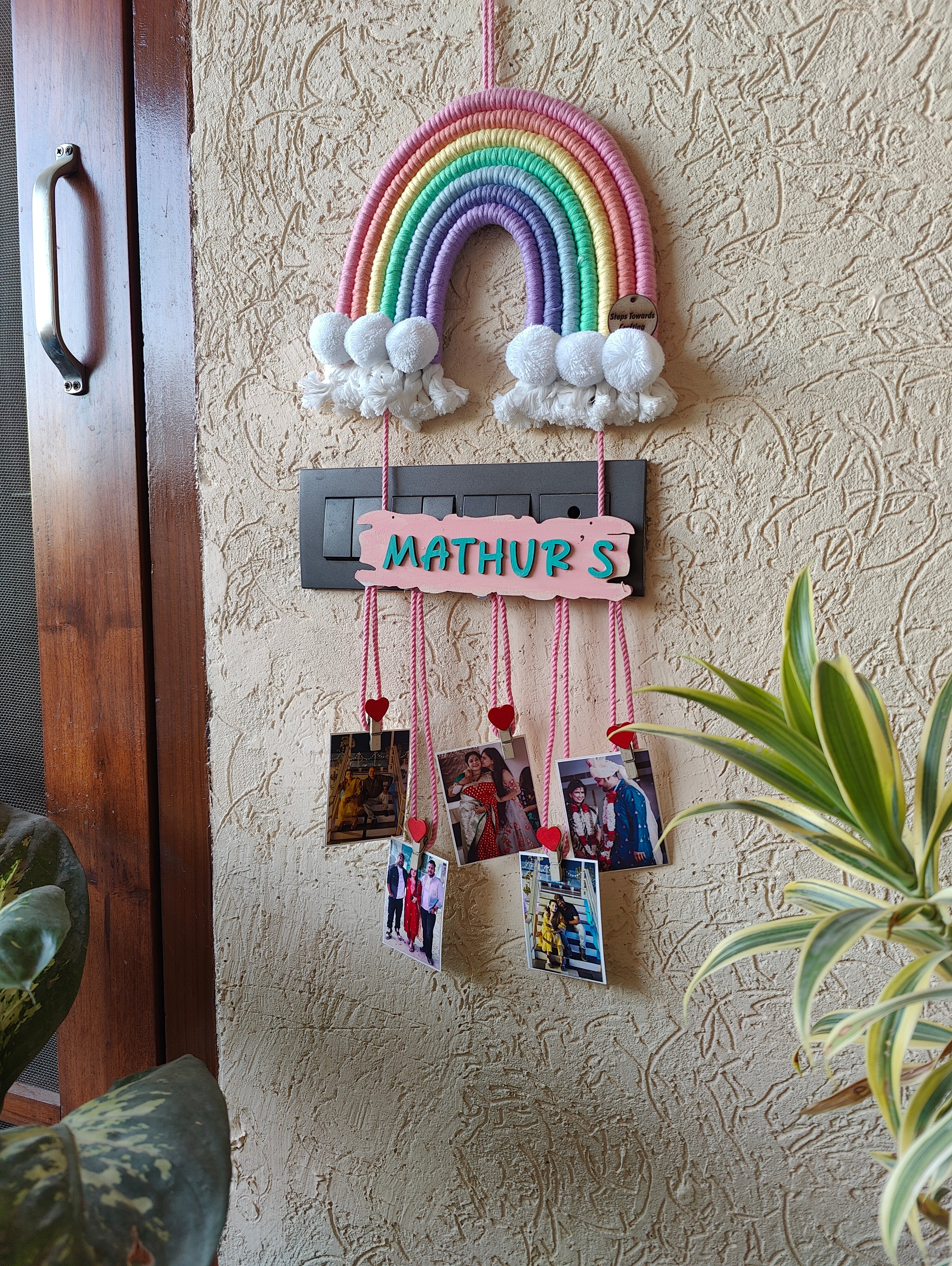 Macrame Nameboard - 7 Layer Rainbow with photo hangings