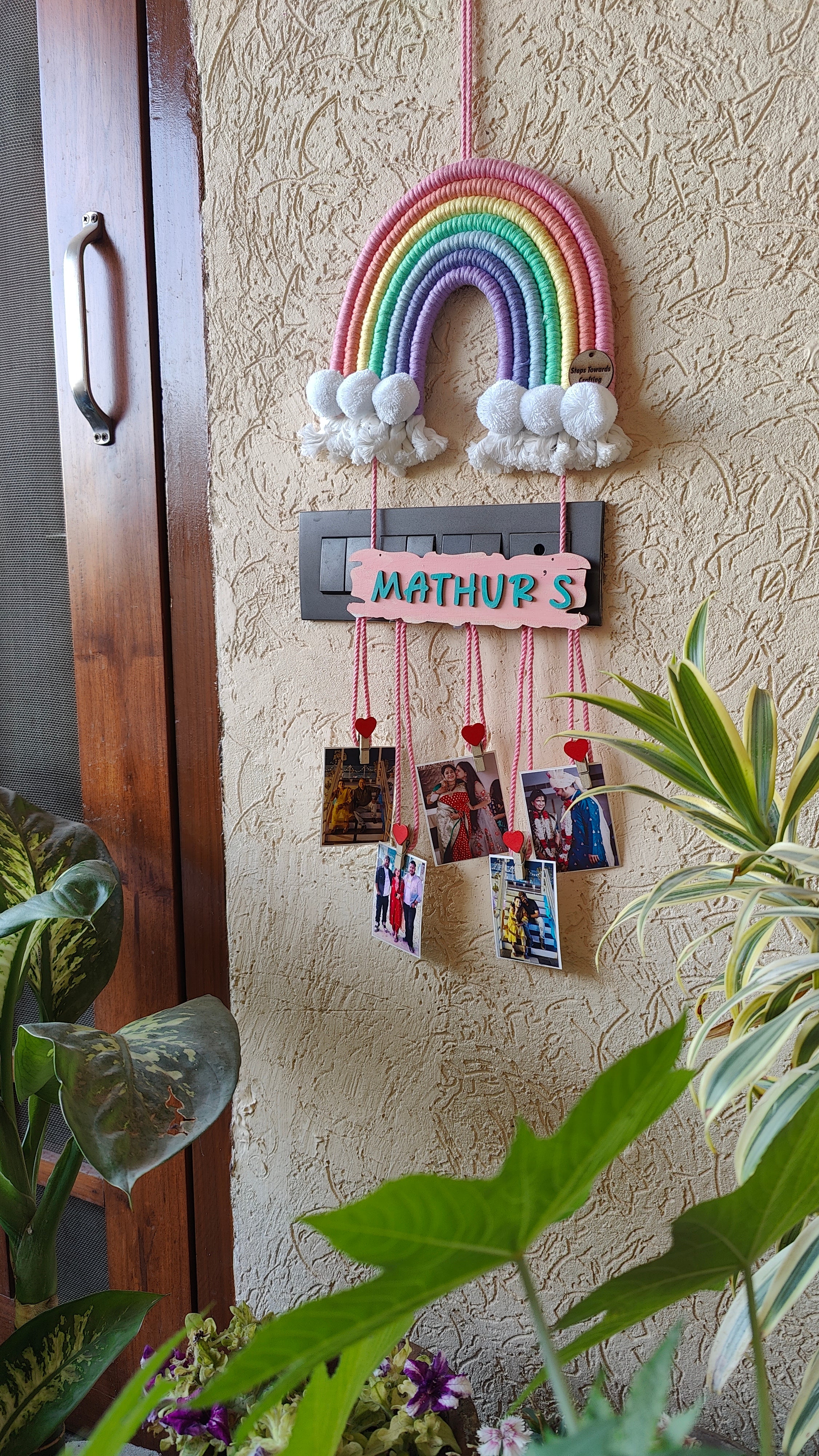 Macrame Nameboard - 7 Layer Rainbow with photo hangings