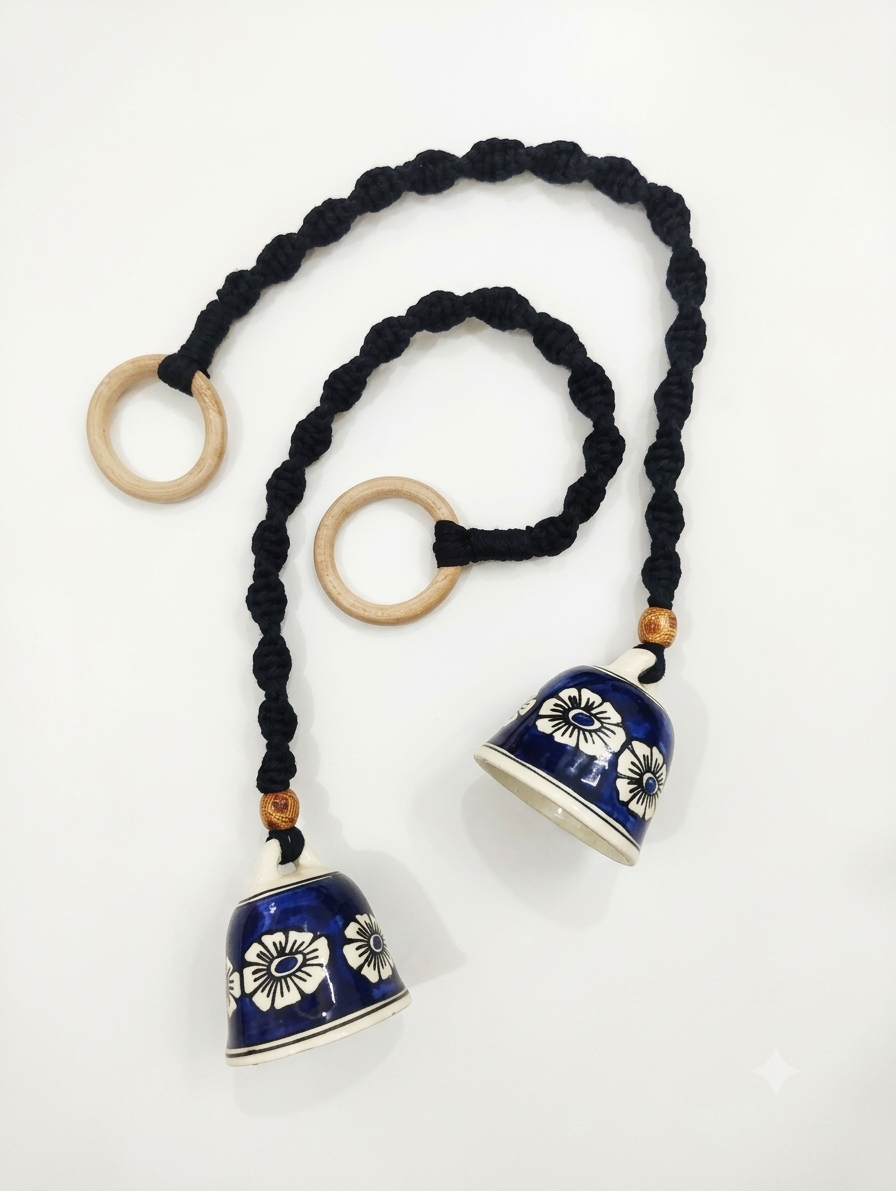 Macrame Ceramic Bells (4 Inch) Royal Blue Floral - Set of 2