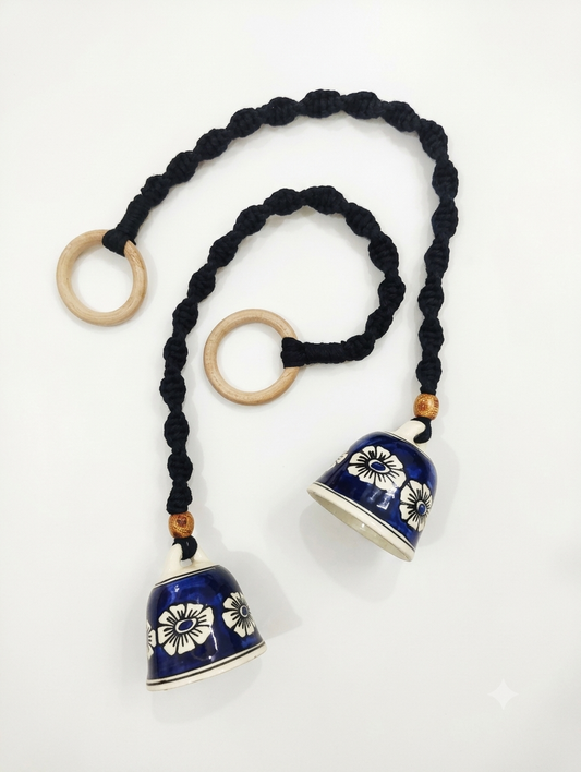 Macrame Ceramic Bells (4 Inch) Royal Blue Floral - Set of 2
