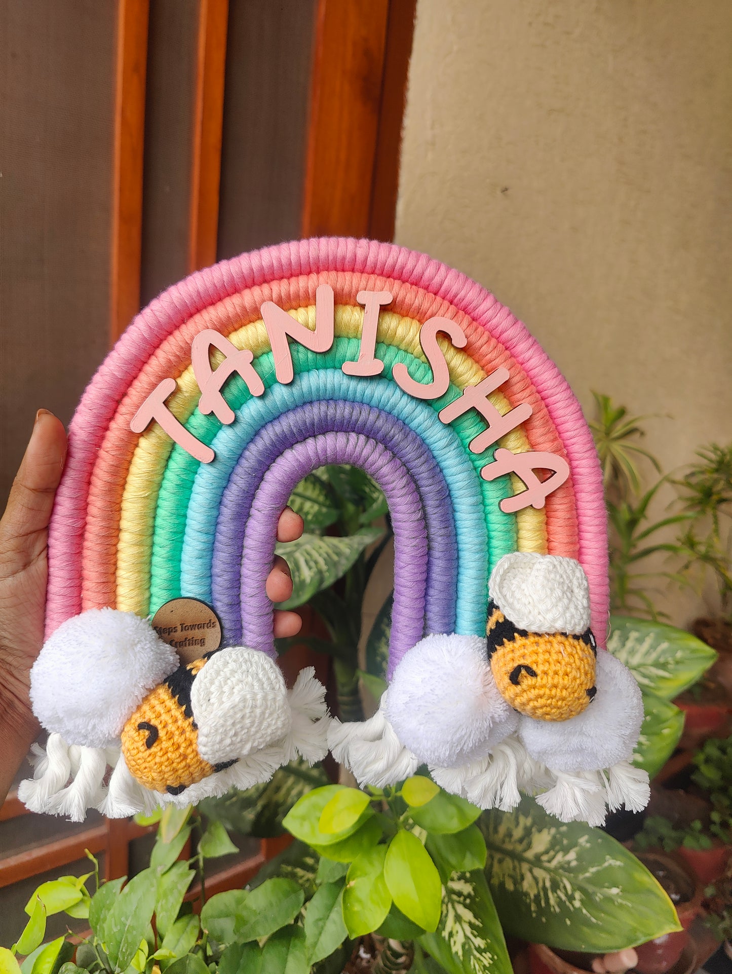 Handmade Macrame Rainbow Nameplate - Crochet Bee Decor