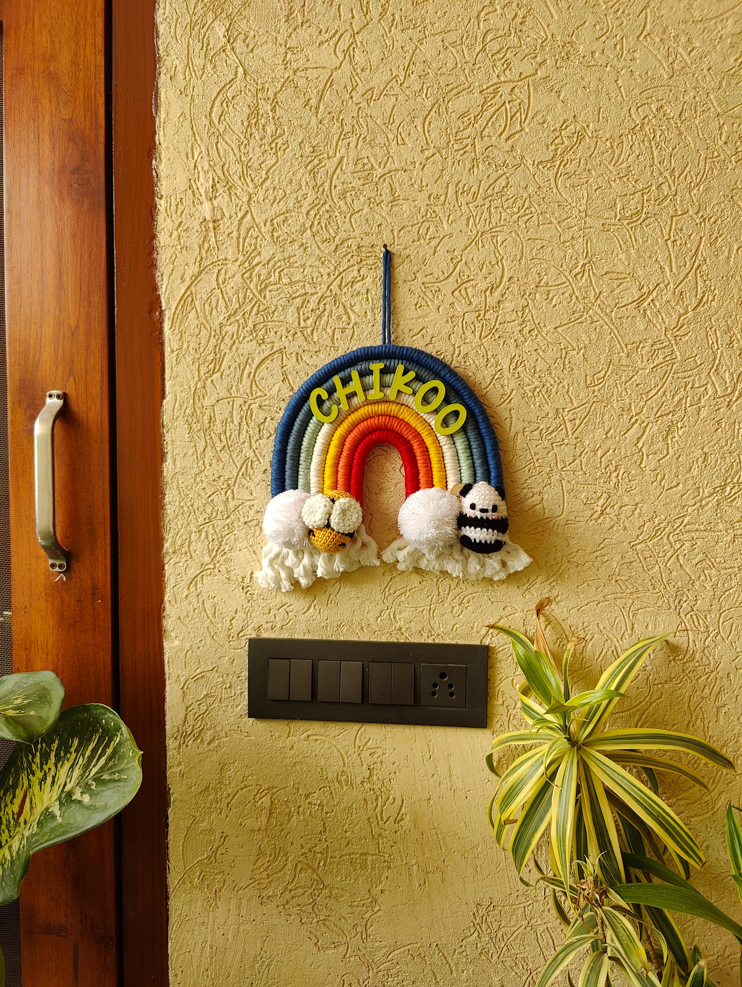 Handmade Macrame Rainbow Nameplate - Crochet Bee / Panda Theme