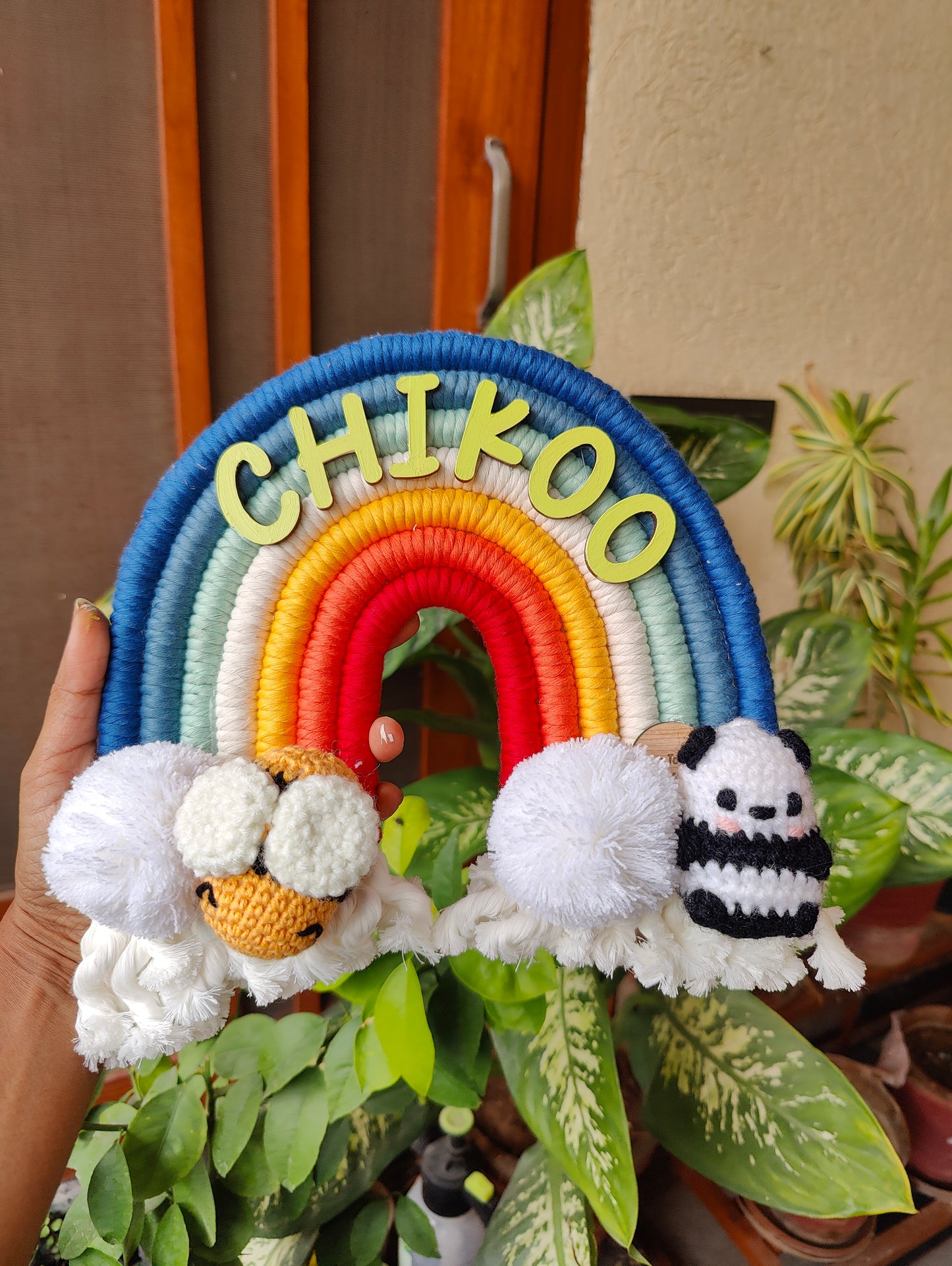 Macrame Nameboard - 7 layer Rainbow with Felt Animals