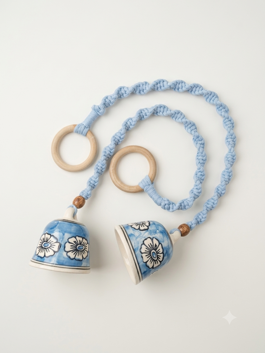 Macrame Ceramic Bells (4 Inch) Sky Blue Floral - Set of 2