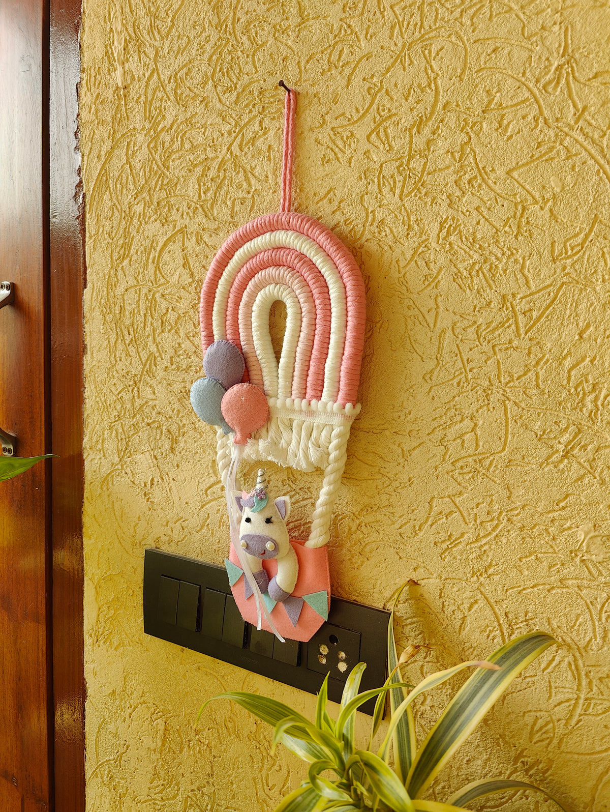 Macrame Hot Air Balloon with Unicorn in Basket Nameboard