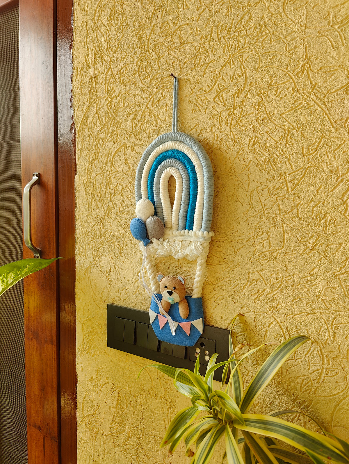 Macrame Hot Air Balloon with Bear in Basket Nameboard