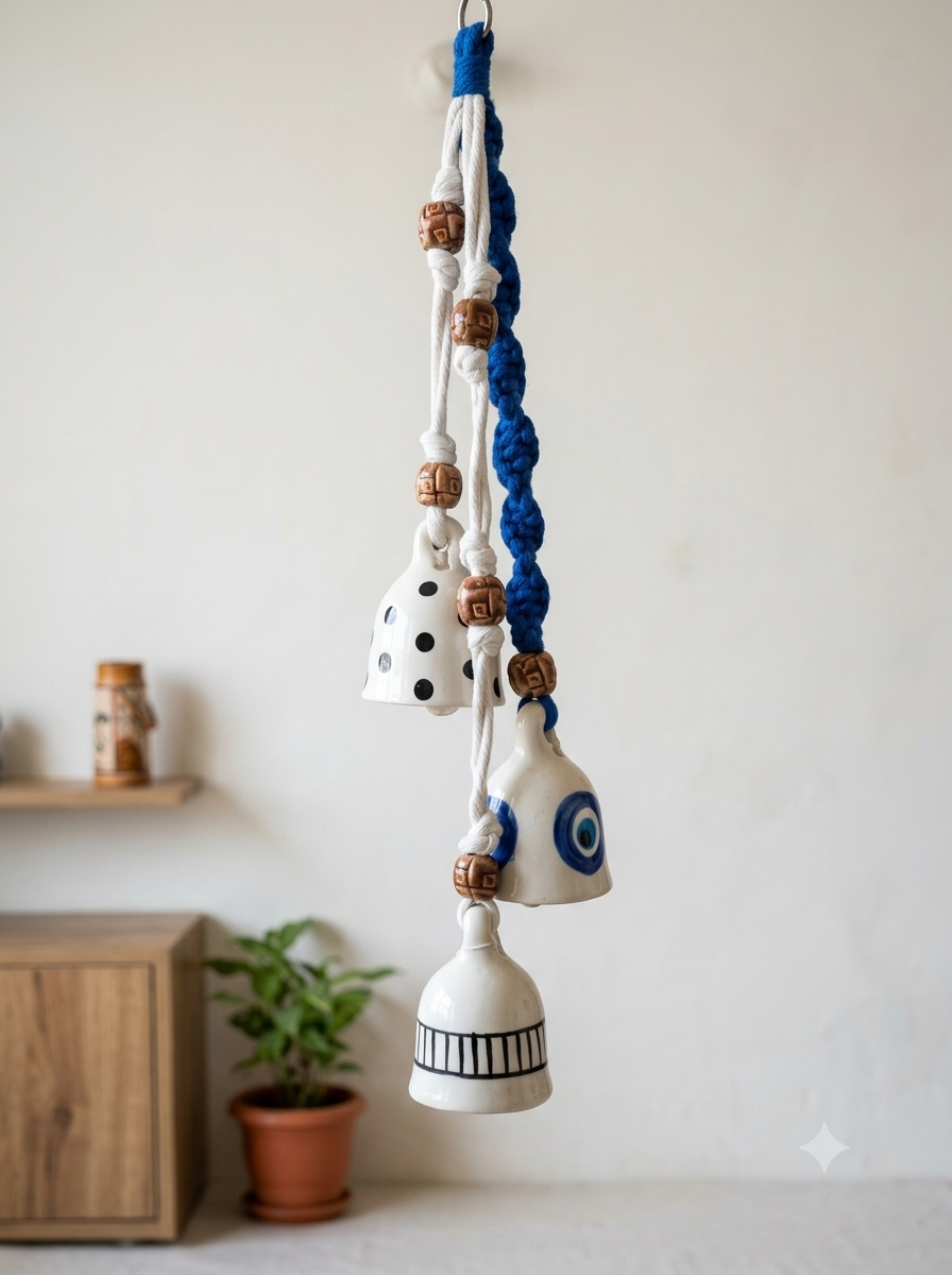 Blue Amulet Polka Chime Trio Macrame Ceramic Bells