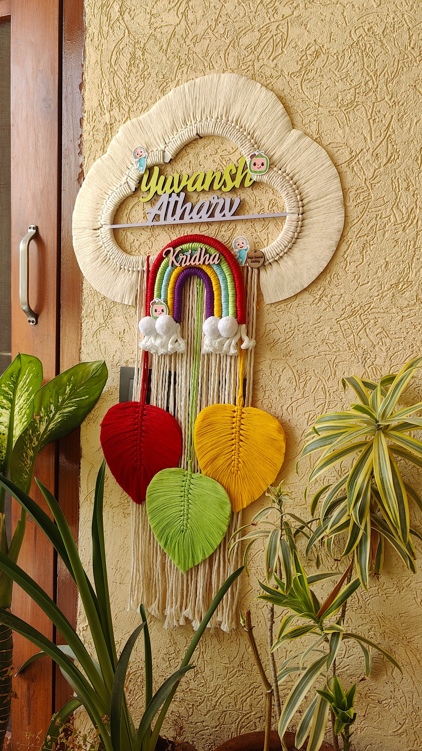 Handmade Macrame Kids Name Plate - Customizable Cloud Shape Coco Melon theme
