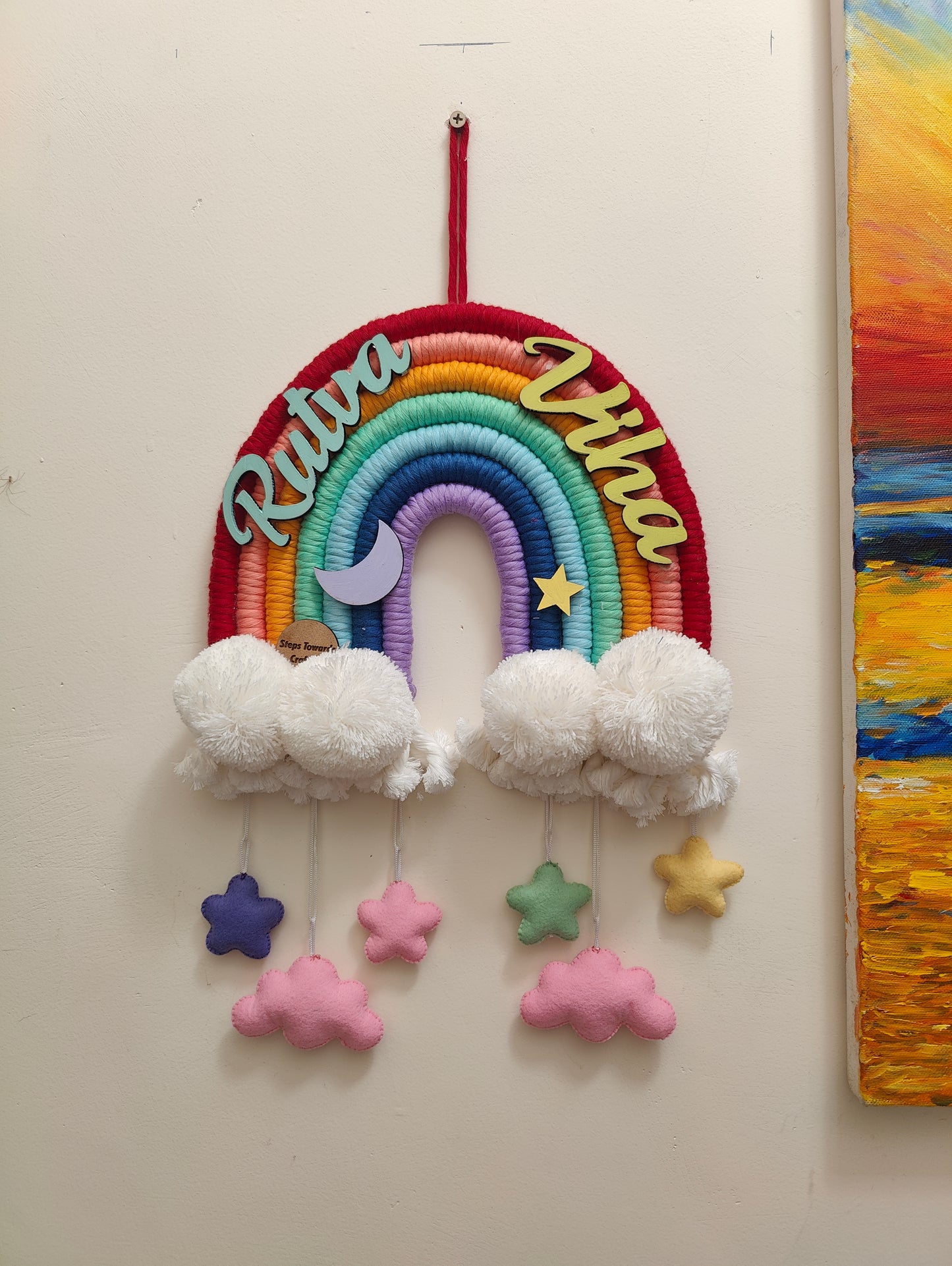 Macrame Nameboard - 7 Layer Rainbow with Felt Star and Moon Hangings