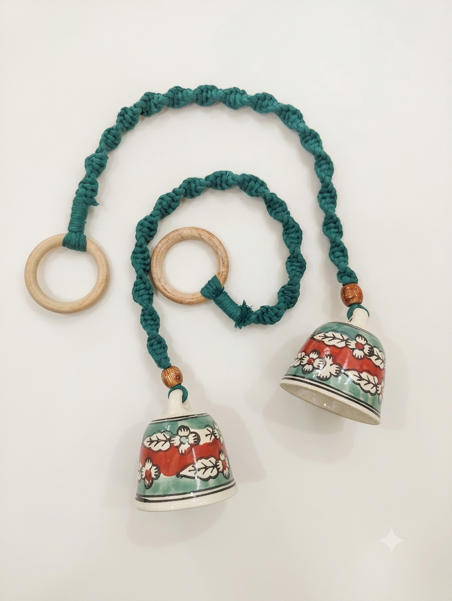 Macrame Ceramic Bells (4 Inch) Green Red - Set of 2