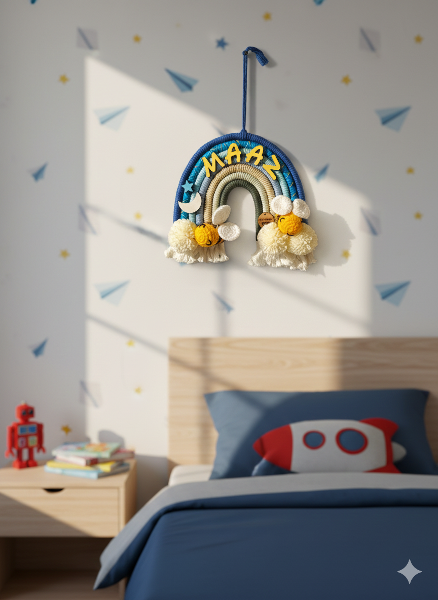 Macrame Nameboard -  Rainbow with Crochet Bees