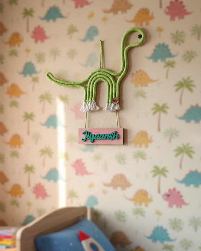 Children's room with dinosaur-themed wallpaper, bed, and toy.