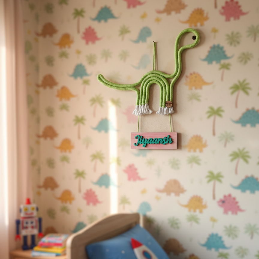 Children's room with dinosaur-themed wallpaper, bed, and toy.