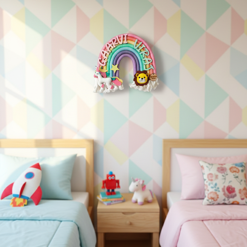 Macrame Nameboard -  Rainbow with Felt Animals