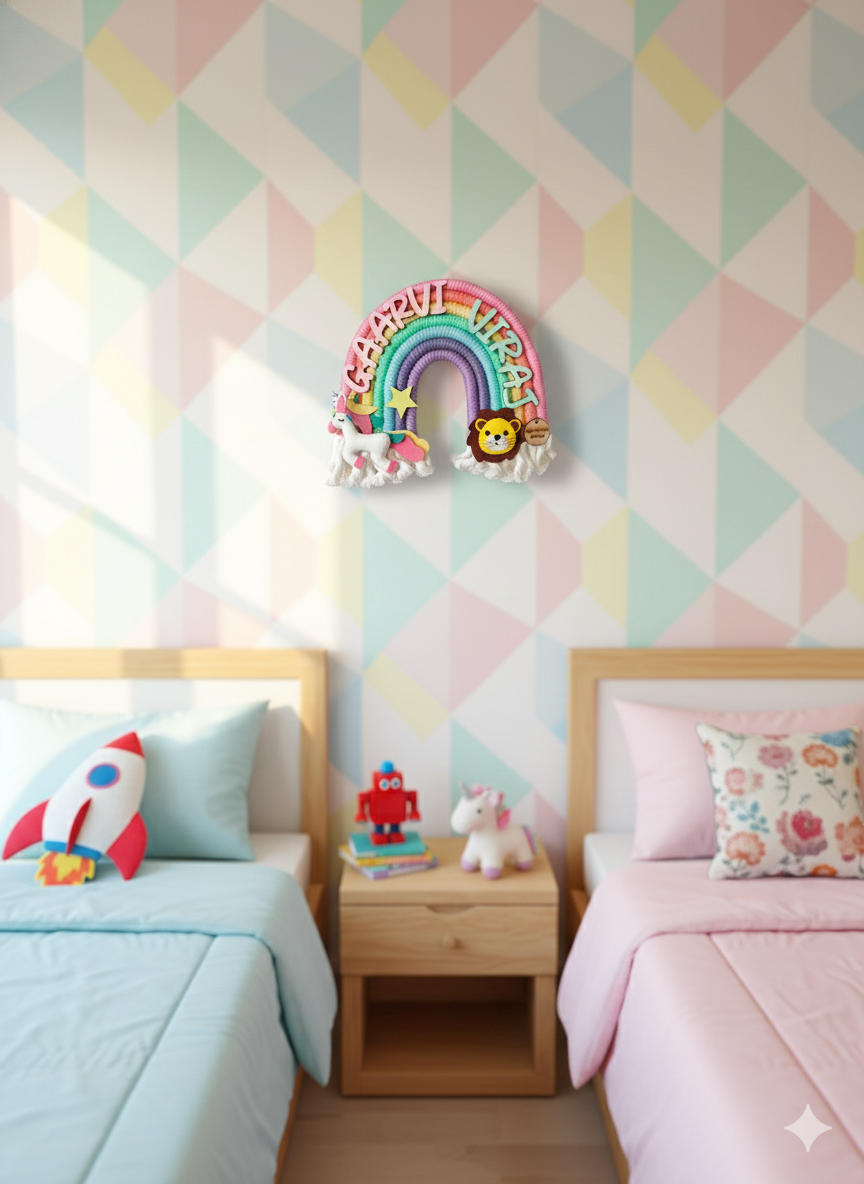 Macrame Nameboard -  Rainbow with Felt Animals