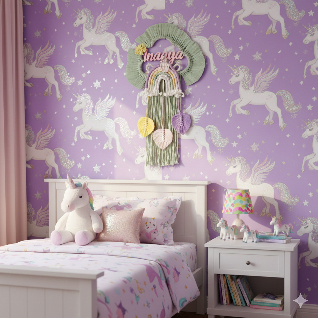 Macrame - Kids Name Plate Cloud with Unicorn Rainbow