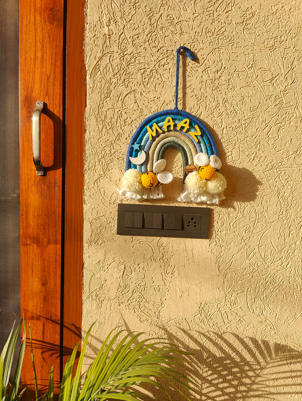 Macrame Nameboard -  Rainbow with Crochet Bees