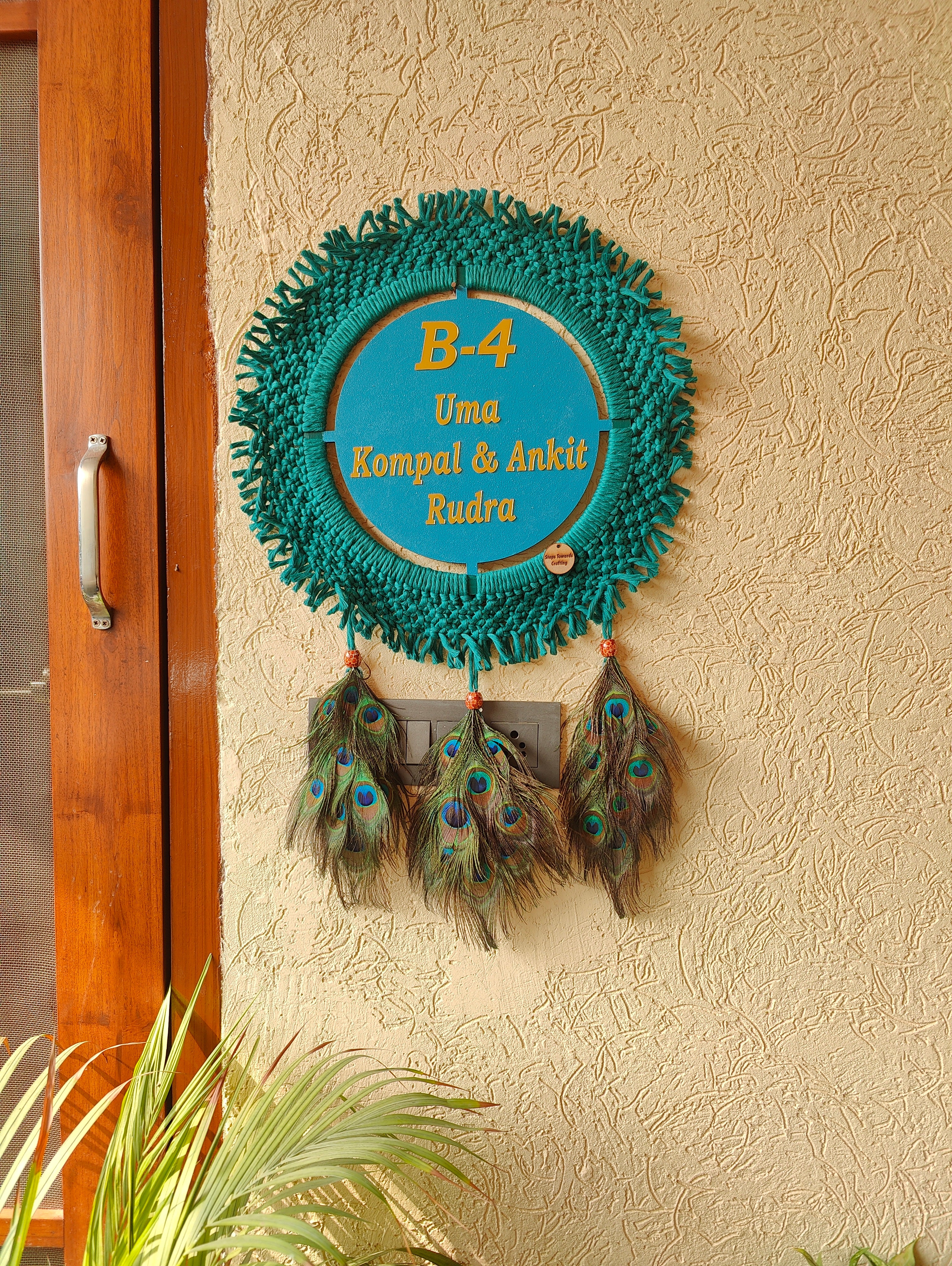 Macrame - Peacock themed Nameplate with Sq knot and leaves