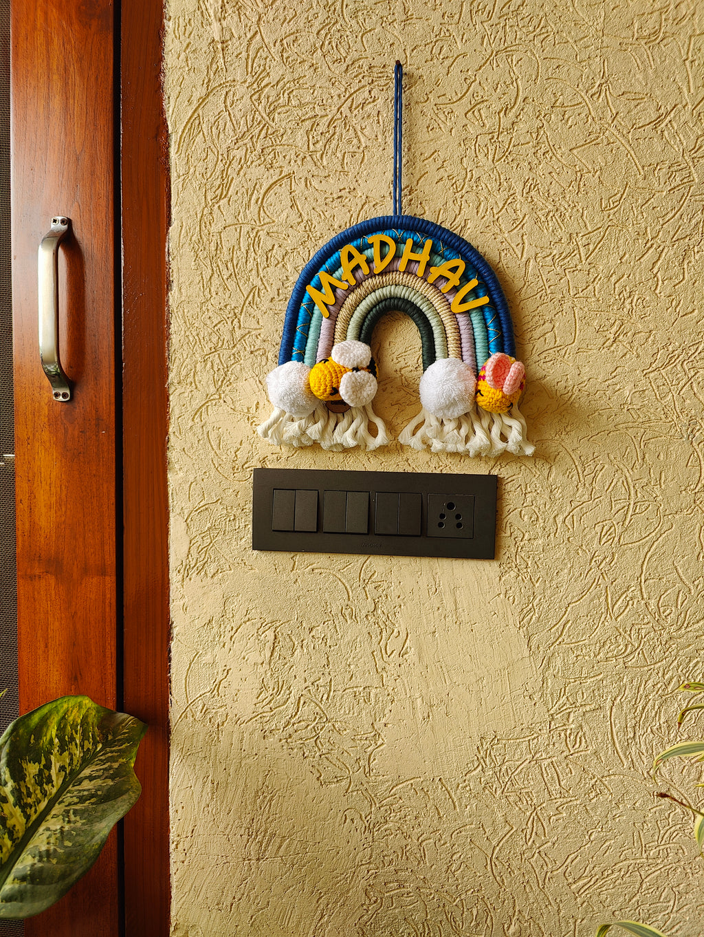 Macrame Nameboard -  Rainbow with Crochet Bees