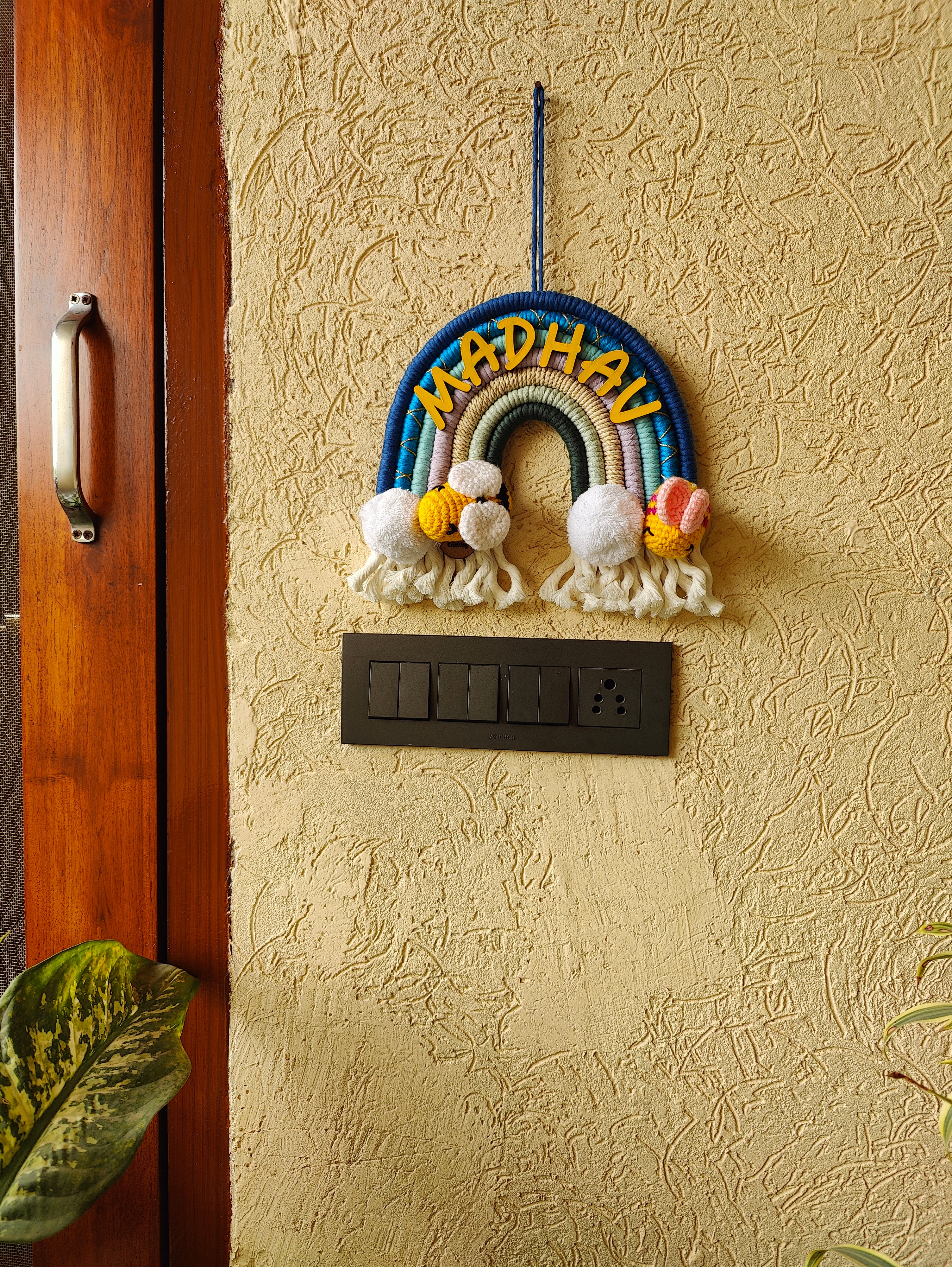 Macrame Nameboard -  Rainbow with Crochet Bees