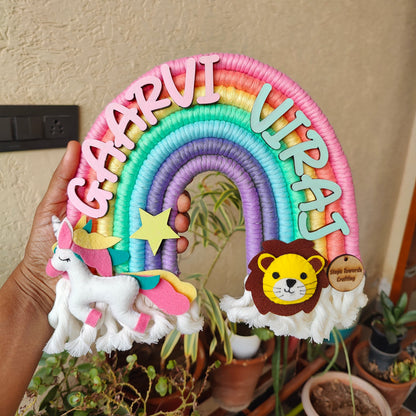 Macrame Nameboard -  Rainbow with Felt Animals