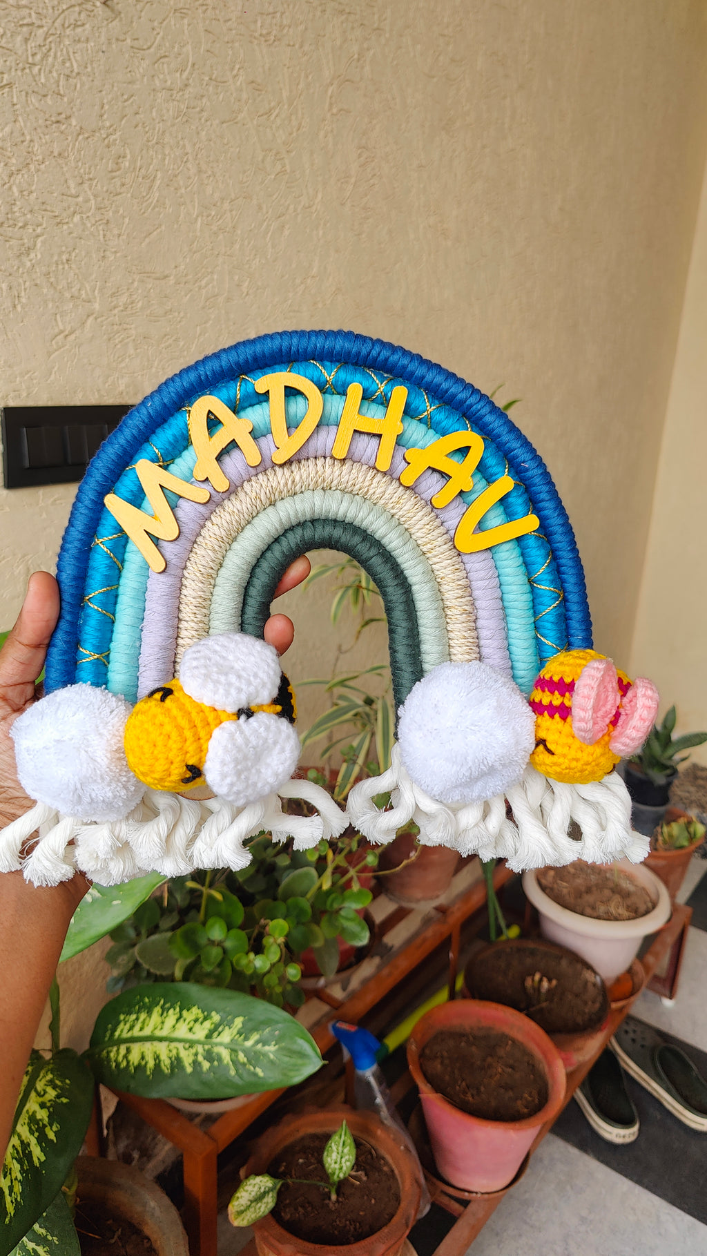 Macrame Nameboard -  Rainbow with Crochet Bees