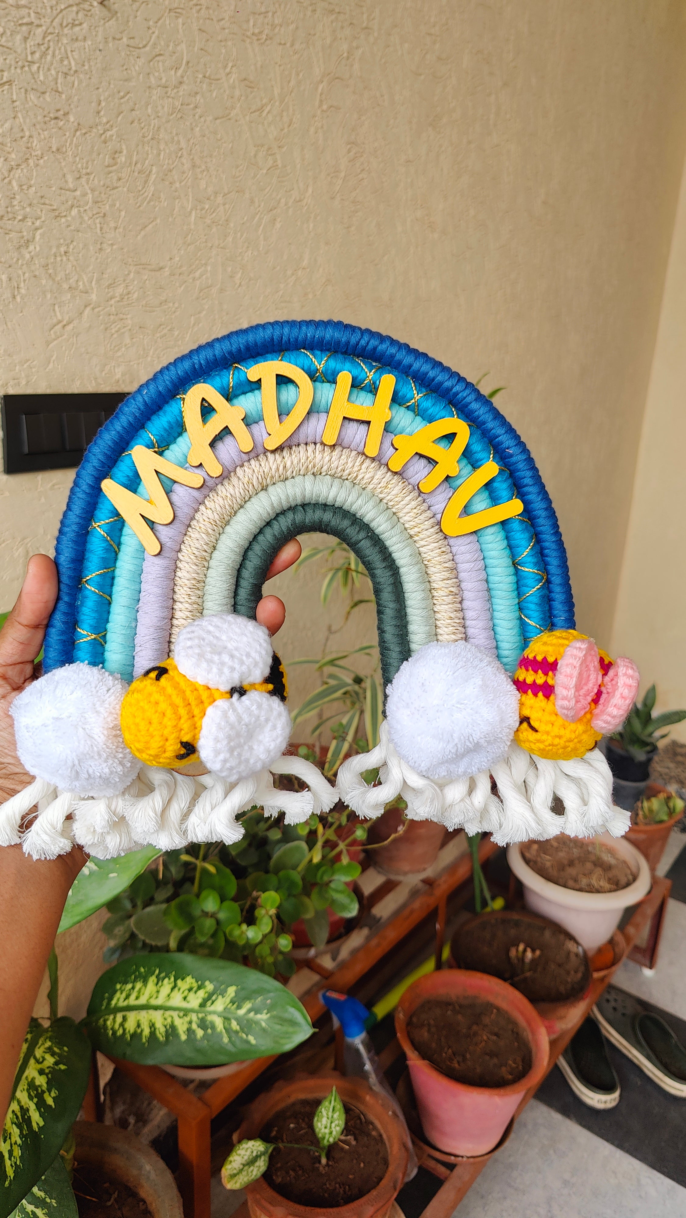 Macrame Nameboard -  Rainbow with Crochet Bees