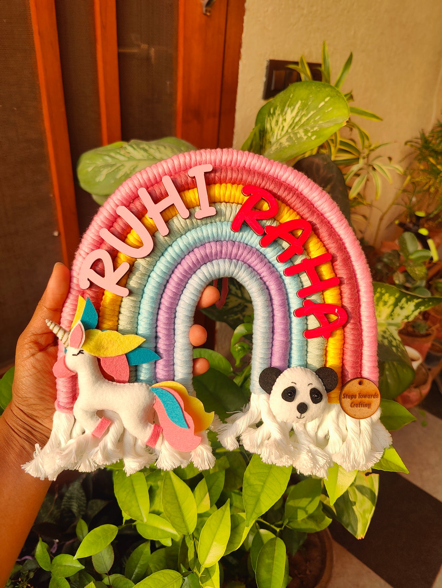 Macrame Nameboard -  Rainbow with Felt Animals