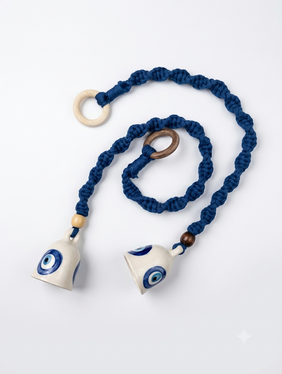 Macrame Ceramic Bells Pair - Blue Evil Eye