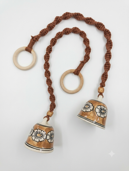 Macrame Ceramic Bells (4 Inch) Brown Floral - Set of 2