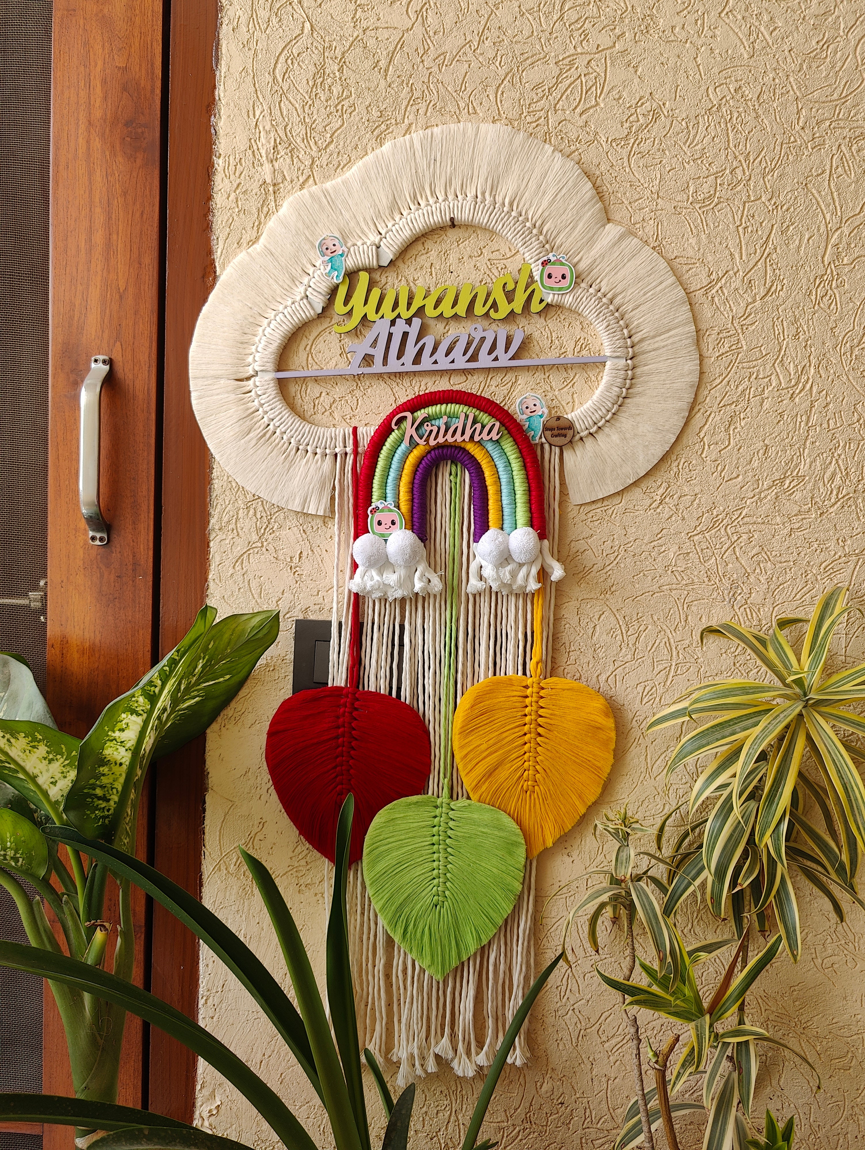 Handmade Macrame Kids Name Plate - Customizable Cloud Shape Coco Melon theme