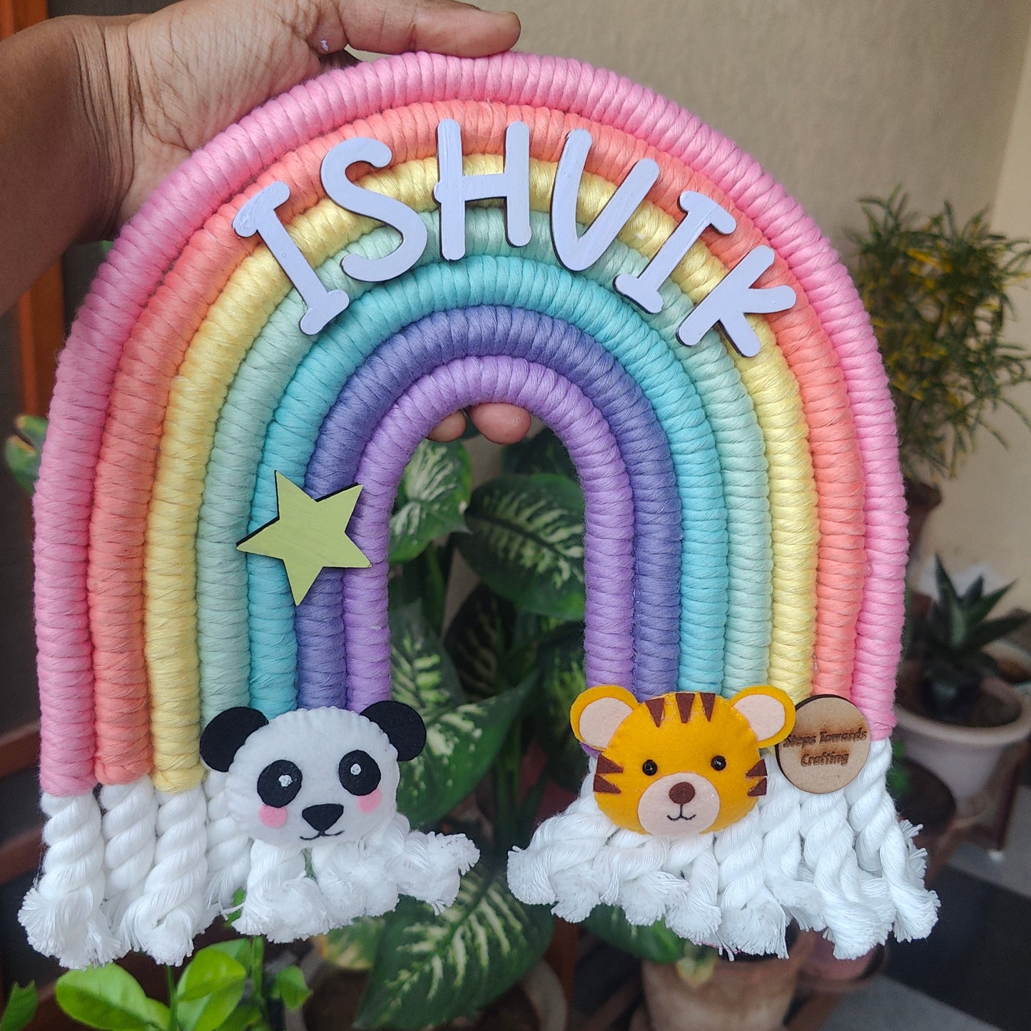 Macrame Nameboard -  Rainbow with Felt Animals
