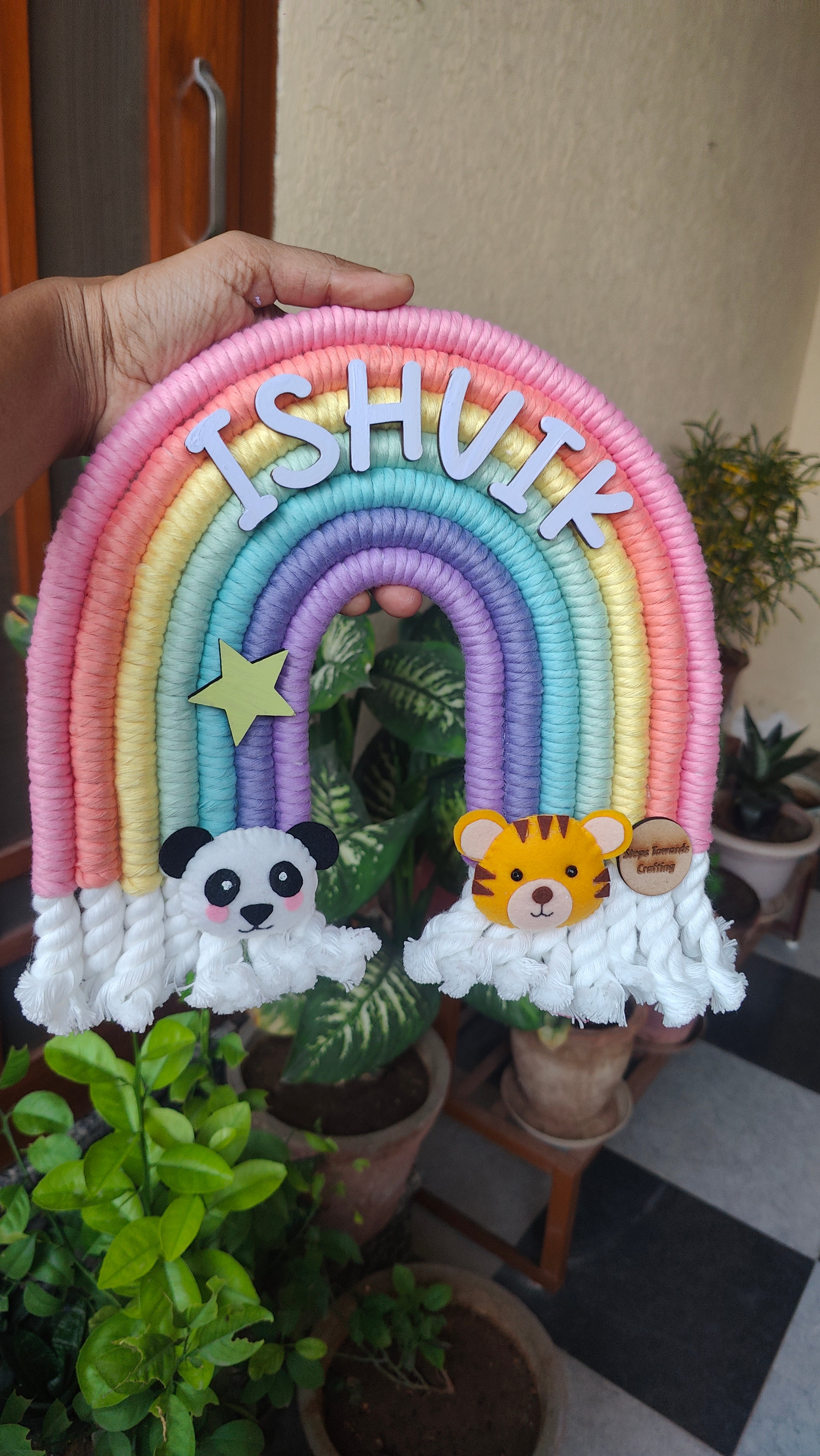Macrame Nameboard -  Rainbow with Felt Animals