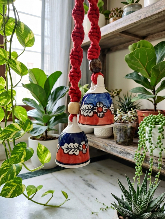 Macrame Ceramic Bells (3 Inch) Red Blue - Set of 2
