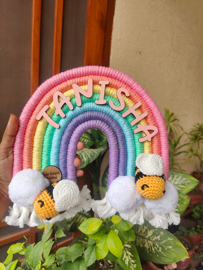 Handmade Macrame Rainbow Nameplate - Crochet Bee Decor
