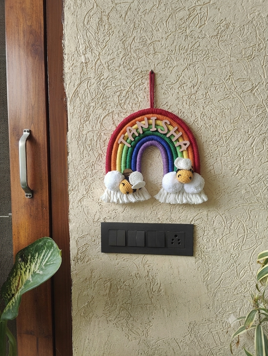 Handmade Macrame Rainbow Nameplate - Crochet Bee / Panda Theme