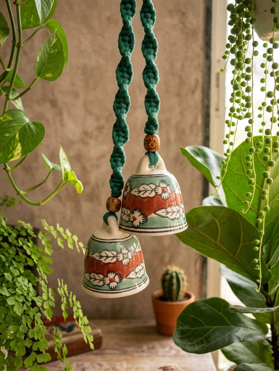 Macrame Ceramic Bells (4 Inch) Green Red - Set of 2