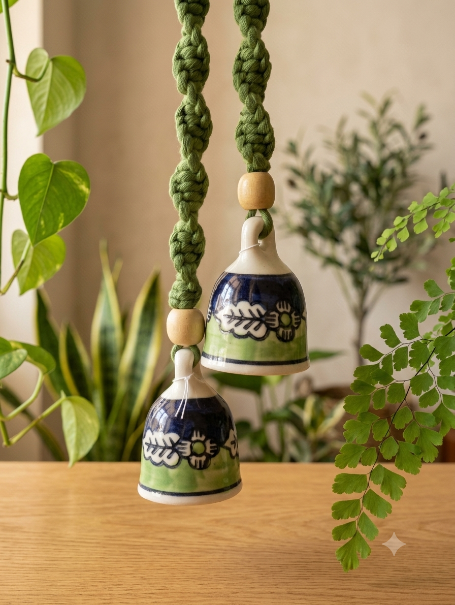 Macrame Ceramic Bells (3 Inch) Green Blue - Set of 2