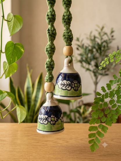 Macrame Ceramic Bells (3 Inch) Green Blue - Set of 2
