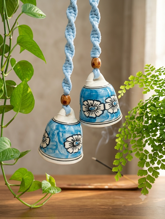 Macrame Ceramic Bells (4 Inch) Sky Blue Floral - Set of 2
