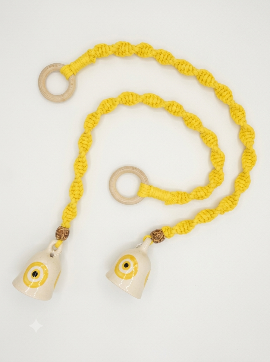 Macrame Ceramic Bells (3 Inch) Yellow Evil Eye - Set of 2