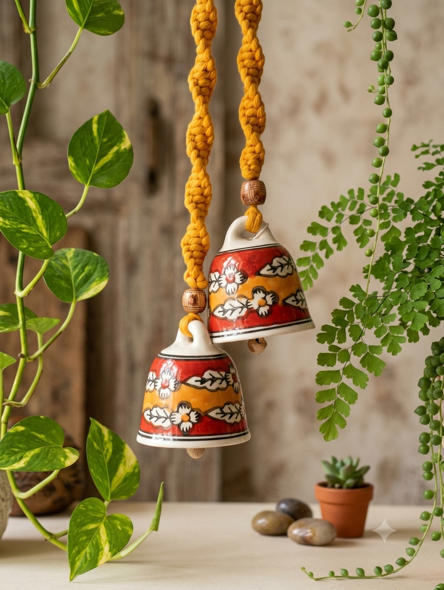 Macrame Ceramic Bells (4 Inch) Red Yellow - Set of 2