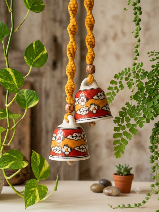 Macrame Ceramic Bells (4 Inch) Red Yellow - Set of 2