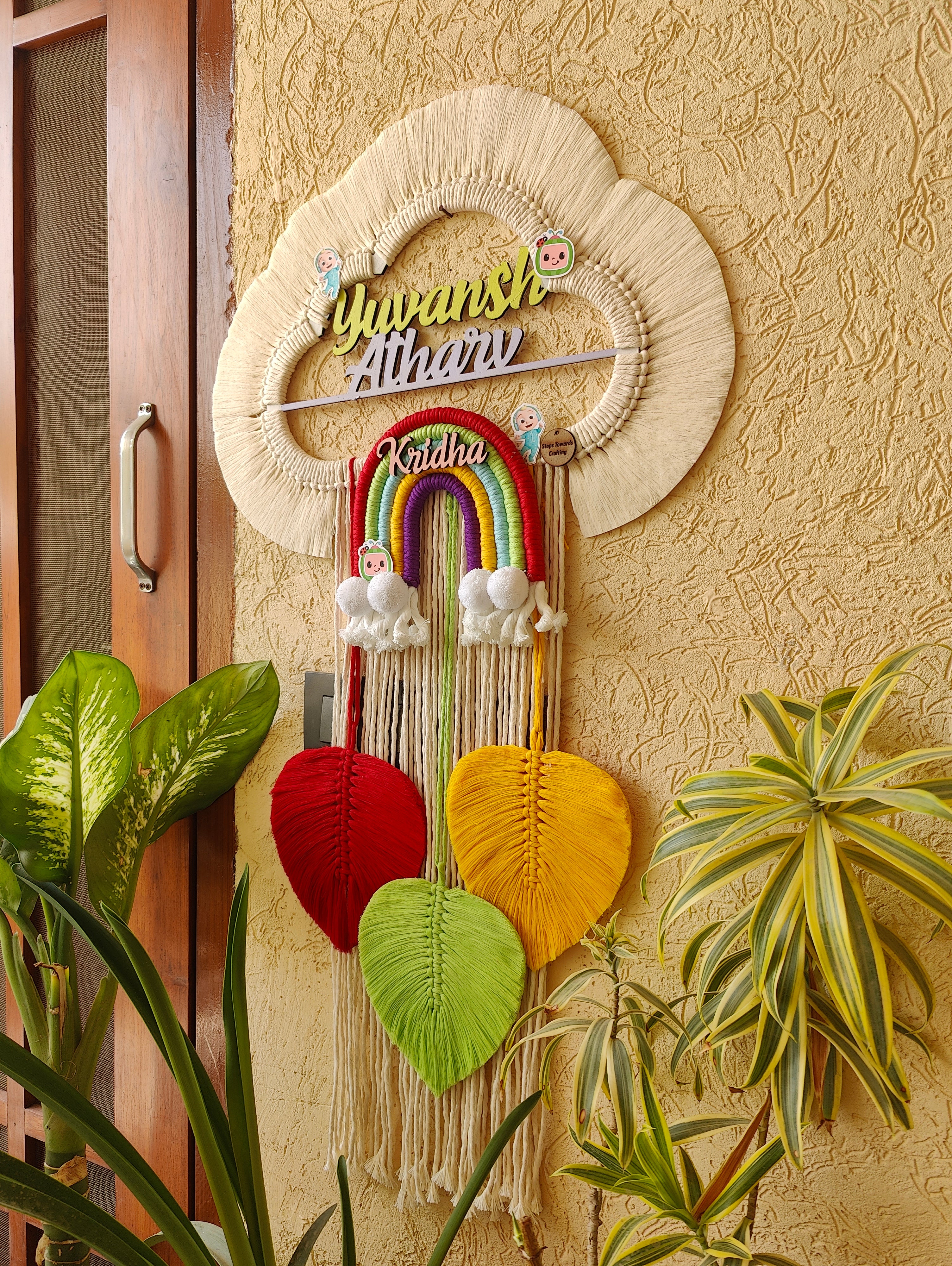 Handmade Macrame Kids Name Plate - Customizable Cloud Shape Coco Melon theme