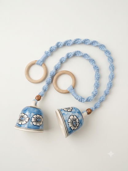 Macrame Ceramic Bells (4 Inch) Sky Blue Floral - Set of 2