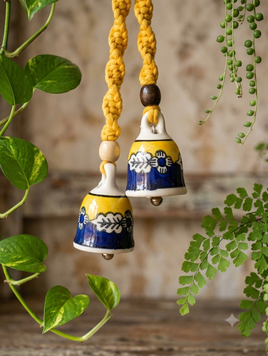 Macrame Ceramic Bells (3 Inch) Yellow Blue - Set of 2