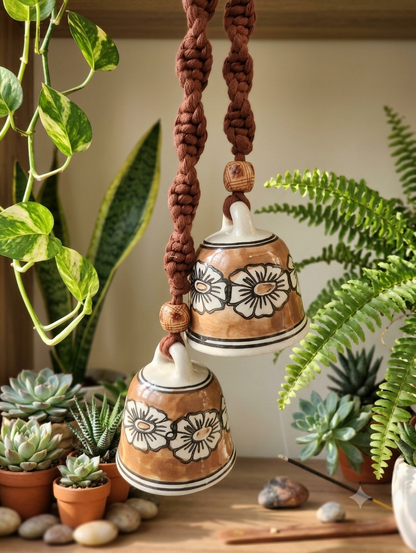 Macrame Ceramic Bells (4 Inch) Brown Floral - Set of 2