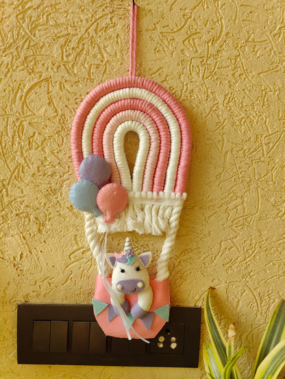 Macrame Hot Air Balloon with Unicorn in Basket Nameboard