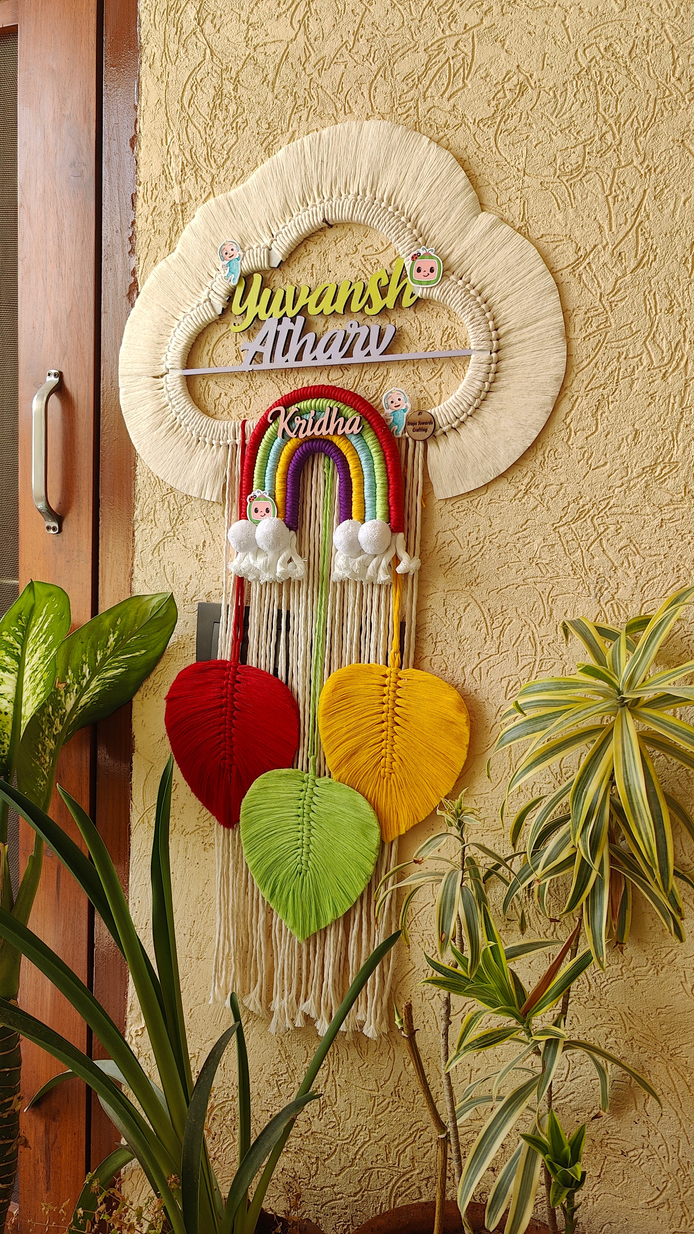 Handmade Macrame Kids Name Plate - Customizable Cloud Shape Coco Melon theme